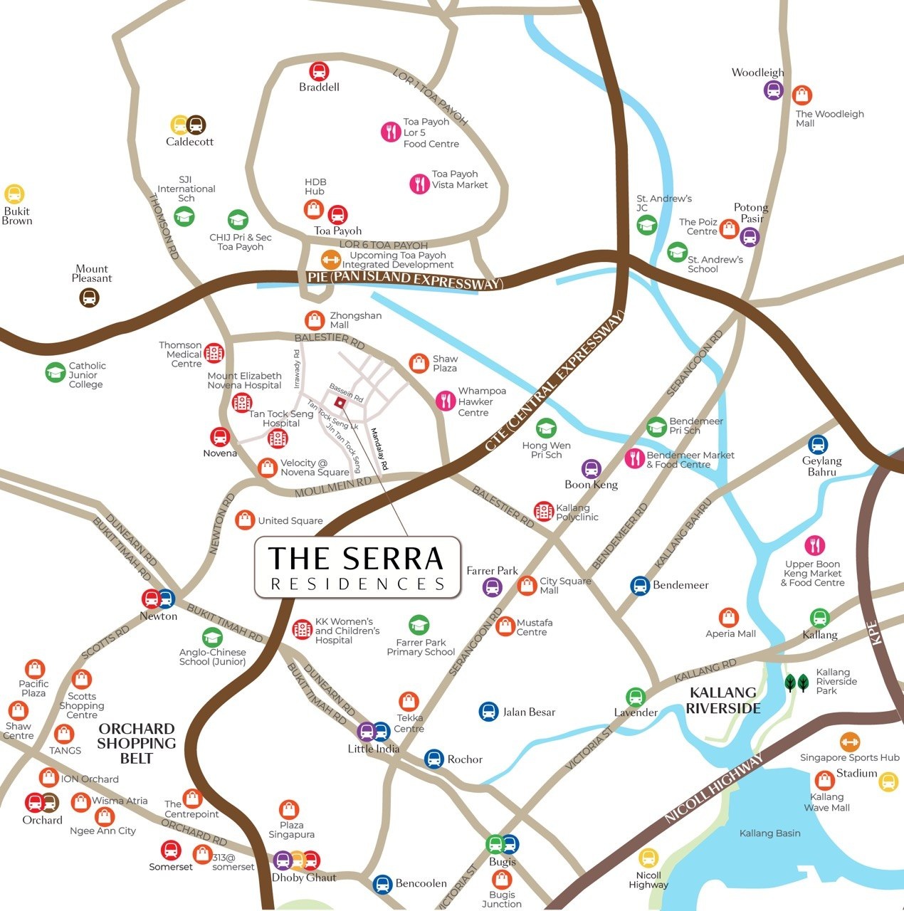 Connectivity map showing The Serra Residences in Novena with nearby schools, MRT stations, hospitals, malls and major roads